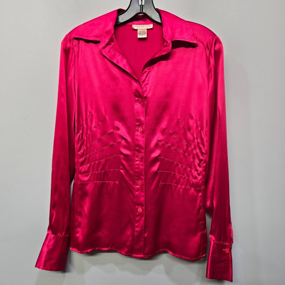Vintage 90 Transitions 100% Silk Button Up Shirt Top Size 4 Hot Pink Satin Bratz